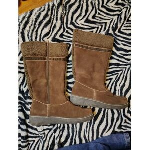 Lands End Boots Womens 8.5 Vegan Suede Fur‎ Lined Knee High Zip Boot Shoes Brown